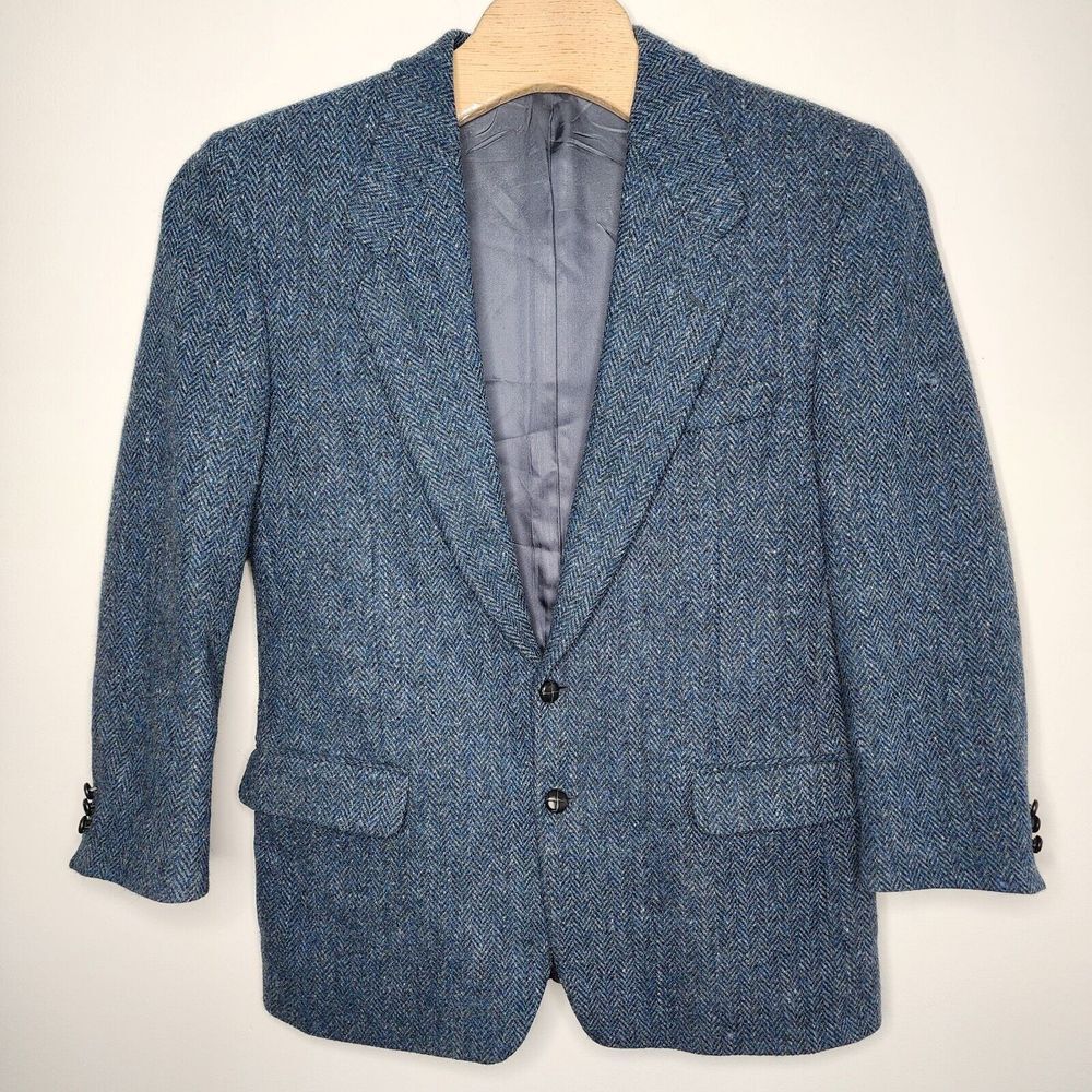 Harris Tweed Men Blazer‎ Virgin Scottish Wool Jacket Blue 42 Tall READ FLAWS